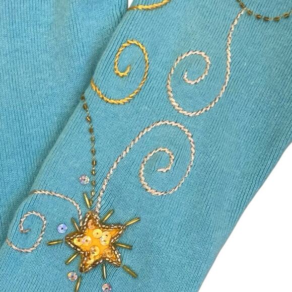 Quacker Factory Vtg 90s Holiday Cardigan With Star Appliquè Turquoise & Gold - Picture 16 of 16